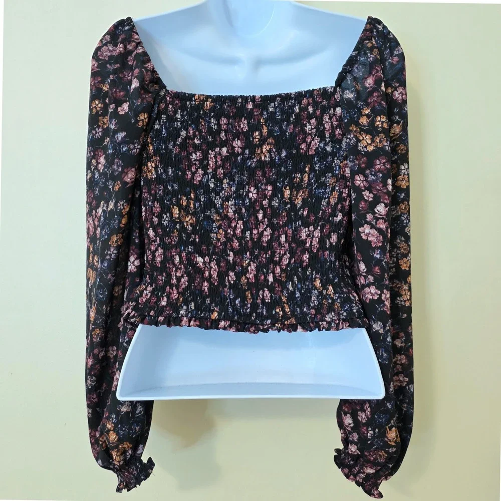 Abercrombie‎ & Fitch Dark Floral Puff Sleeve Top Sz XS Sheer Square Alt Romantic
